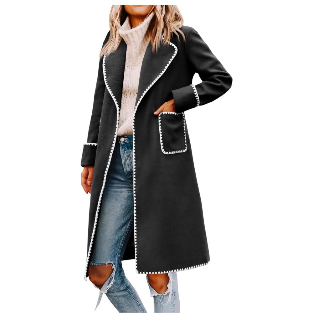 Long Peacoat Trench Coat Jacket White Embroidered Trim - Tie Belt and Pockets - Picture 1 of 10